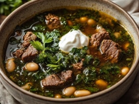 Щавелевый борщ с говядиной и фасолью