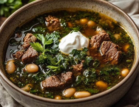 Щавелевый борщ с говядиной и фасолью