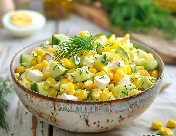 Салат с кукурузой, яйцом и свежим огурцом Салат с кукурузой, яйцом и свежим огурцом