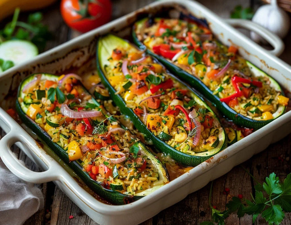 Фаршированные кабачки с рисом и овощами в духовке
