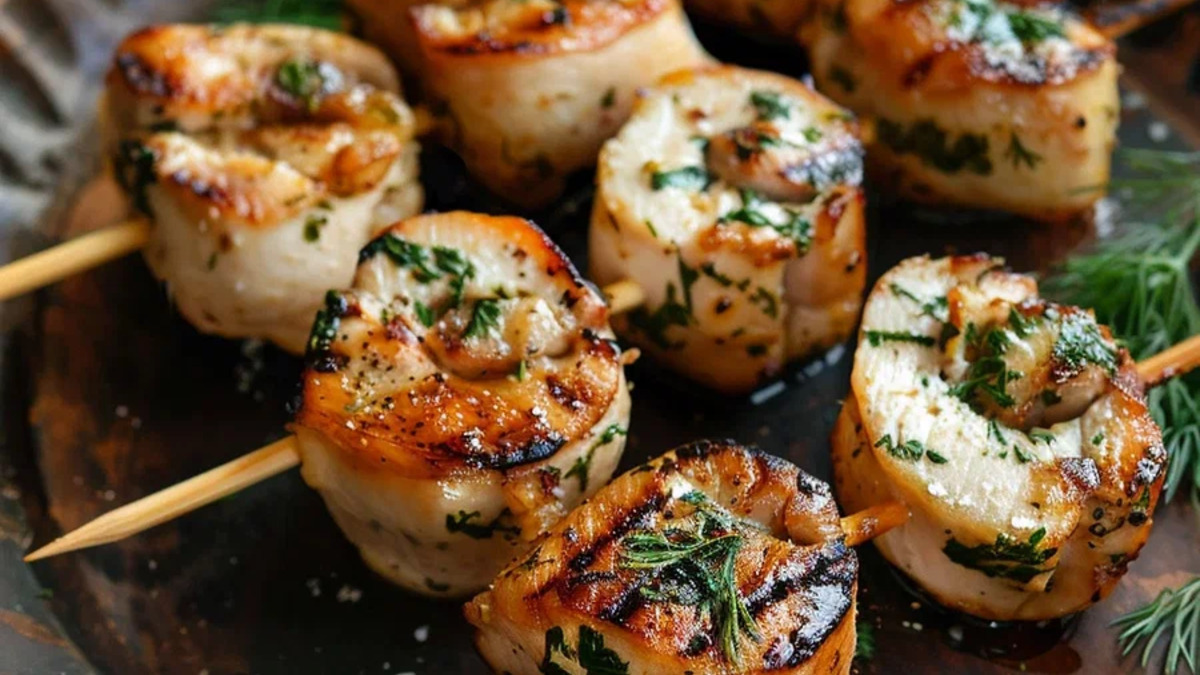 Куриные рулетики с зеленью и чесноком на шпажках