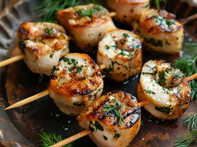 Куриные рулетики с зеленью и чесноком на шпажках