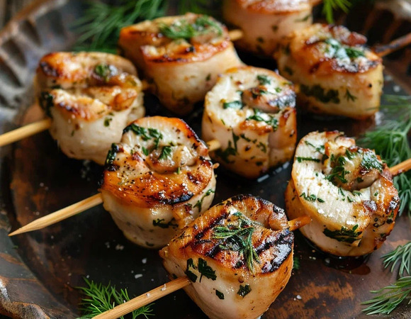 Куриные рулетики с зеленью и чесноком на шпажках