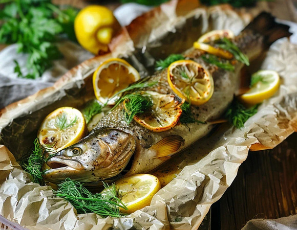 Форель запечённая с лимоном и травами