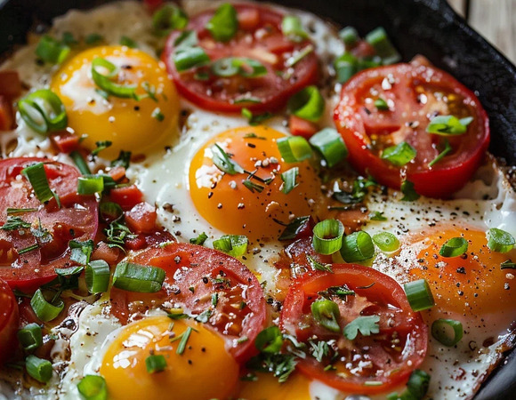 Яичница с помидорами и зелёным луком на сковороде Яичница с помидорами и зелёным луком на сковороде