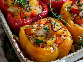Запечённые перцы, фаршированные рисом и овощами