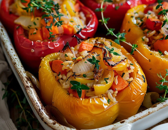 Запечённые перцы, фаршированные рисом и овощами Запечённые перцы, фаршированные рисом и овощами