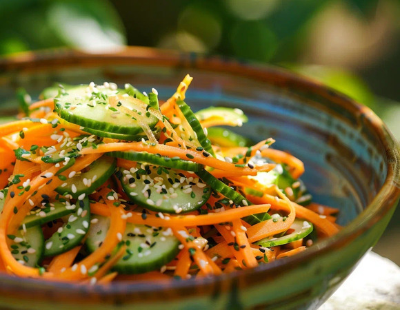 Салат с морковью, огурцом, кунжутом и соусом с лаймом