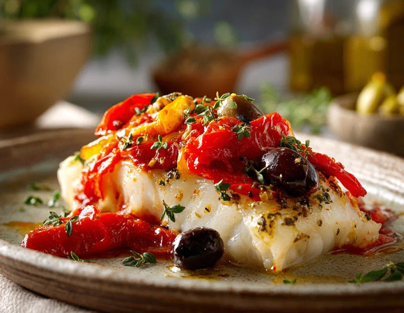 Треска с печеным перцем и оливками