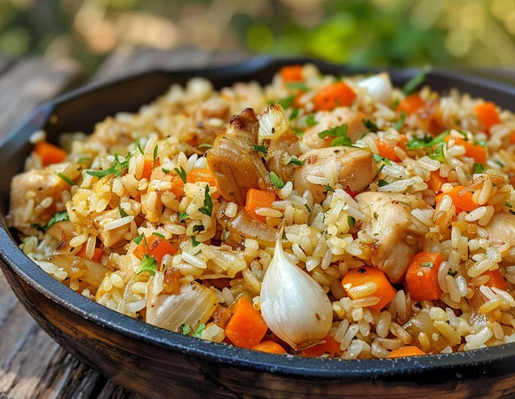 Плов с овощами и курицей в казане на костре