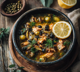 Солянка рыбная с лимоном и каперсами