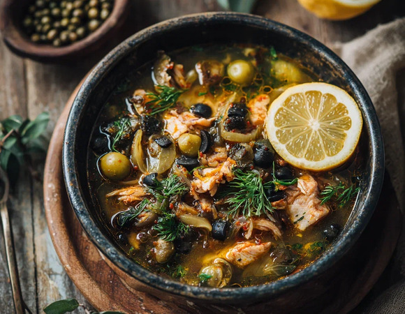 Солянка рыбная с лимоном и каперсами