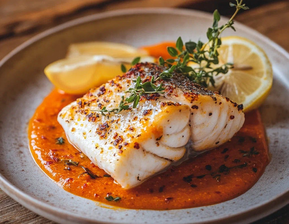 Филе белой рыбы с соусом из печёного перца