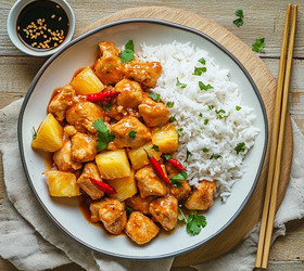 Тайская пряная курица с ананасами и рисом