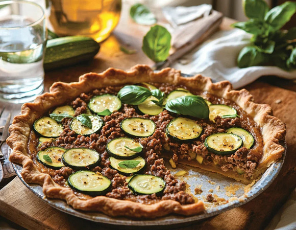 Летний пирог с кабачками, фаршем и базиликом