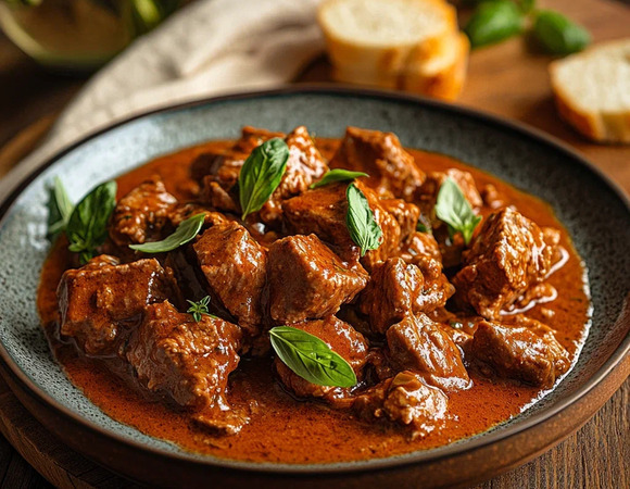 Бефстроганов с томатным соусом и базиликом