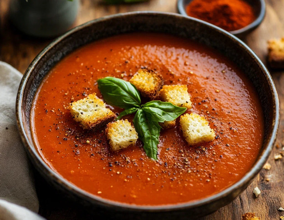 Томатный суп-пюре с копченой паприкой и гренками