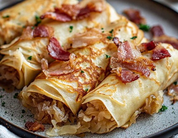 Блины с квашеной капустой и жареным беконом Блины с квашеной капустой и жареным беконом