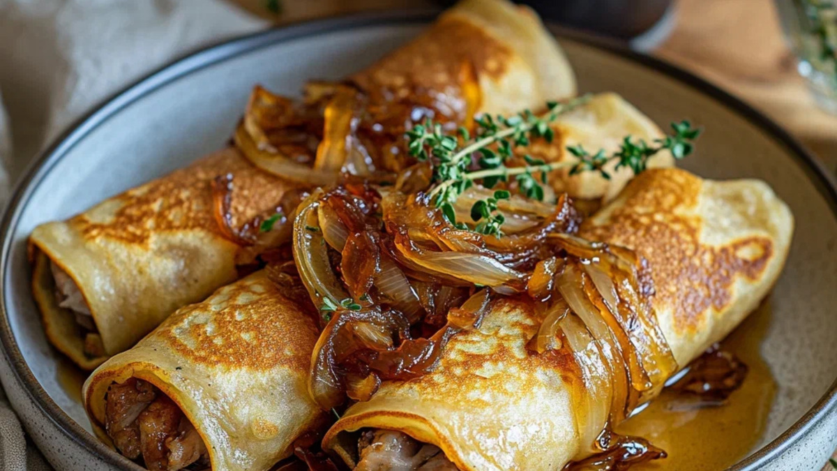 Блины с паштетом из куриной печени и карамелизированным луком