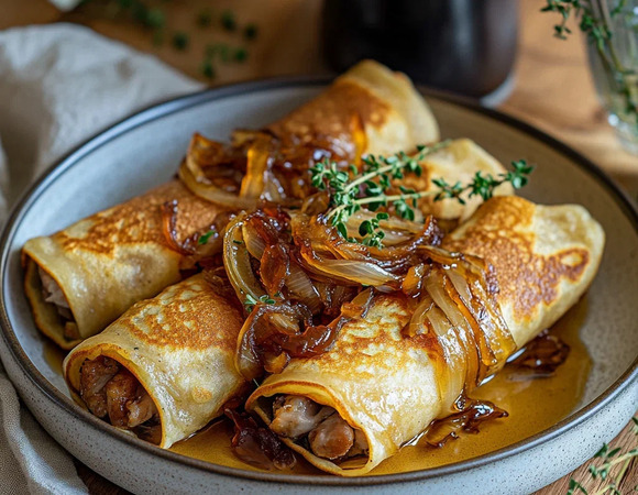 Блины с паштетом из куриной печени и карамелизированным луком Блины с паштетом из куриной печени и карамелизированным луком