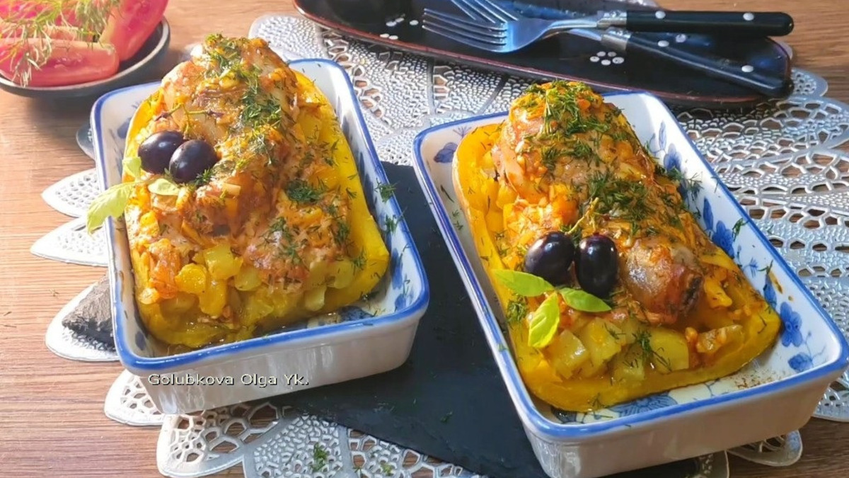 Лодочки из тыквы с овощами и птицей